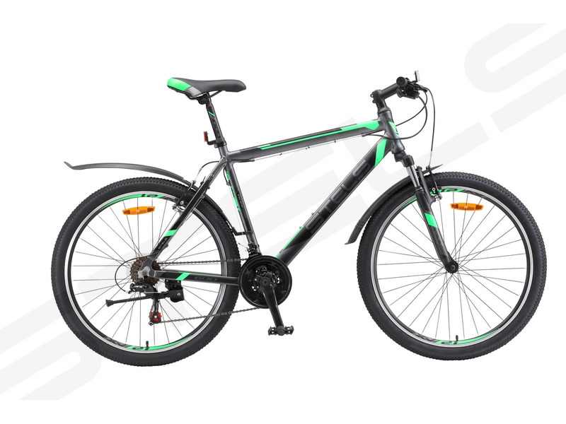 Navigator 600 V (2017) Navigator 600 V (2017)Велосипеды Горные<br>Горный велосипед с оборудованием начального класса Shimano, 21 скорость. Технические особенности: алюминиевая рама, амортизационная вилка ход 60 мм, двойные алюминиевые обода, надежные ободные тормоза Power V-brake. Подходит для прогулочного катания по различным дорогам и пересеченной местности. Диаметр колес - 26 дюймов. Вес - 15,4 кг.<br><br>Рама: Алюминий<br>Вилка: Амортизированная, стальная с AL коронкой, ход 60мм<br>Манетки: Microshift TS-38<br>Тормоза: Power, AL V-типа<br>Передний переключатель: Shimano Tourney FD-TZ30<br>Задний переключатель: Shimano Tourney RD-TZ50<br>Передняя втулка: Сталь<br>Задняя втулка: Сталь<br>Система: Сталь, 24/34/42Т, шатун 170мм<br>Каретка: Neco, картридж<br>Кассета: Kangyue 14-28T<br>Педали: Feimin, пластик<br>Рулевая колонка: Neco, сталь, безрезьбовая полуинтегрированная<br>Седло: Stels, комфортное<br>Обода: Алюминий, двойные<br>Спицы: Стальные<br>Покрышки: Chao Yang 26х1.95<br>Цвета выпускаемые: серый/зеленый<br>Размеры выпускаемые: 16, 18, 20?