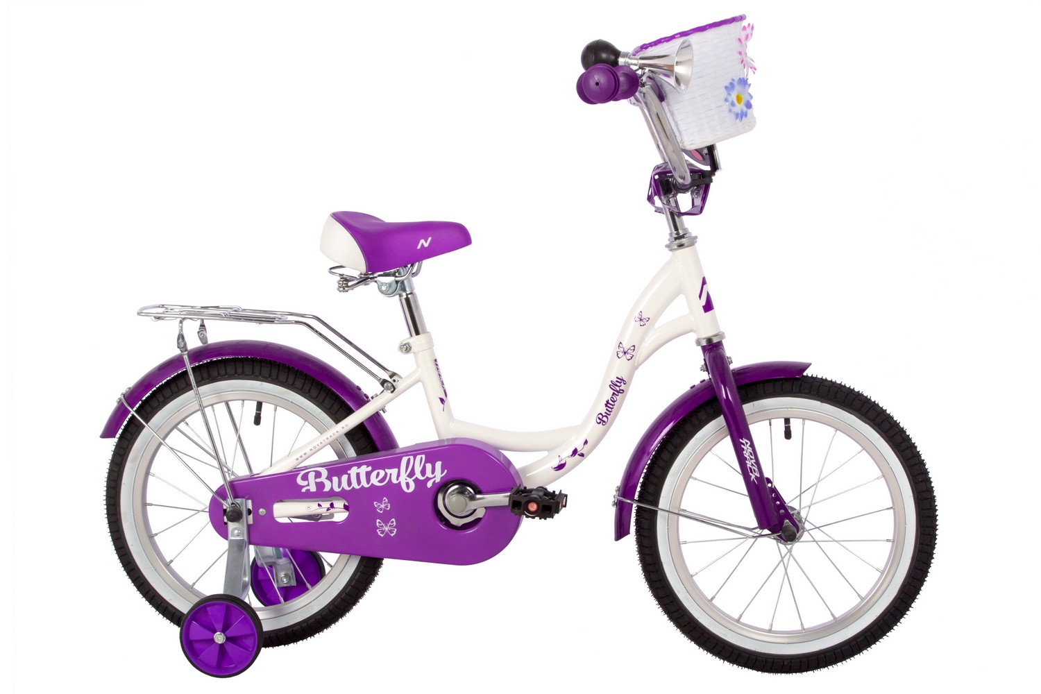 Детский велосипед Novatrack Butterfly 16, год 2023, цвет Белый-Фиолетовый