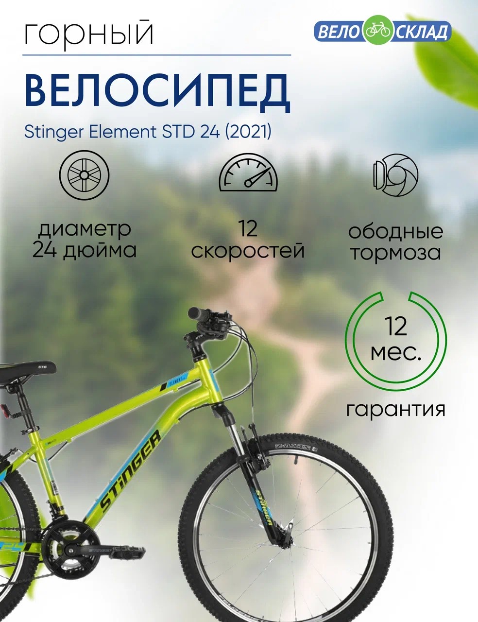 Подростковый велосипед Stinger Element STD 24, год 2021, цвет Зеленый, ростовка 12