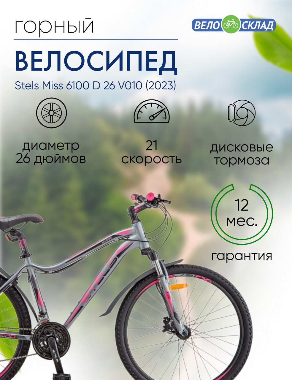 Женский велосипед Stels Miss 6100 D 26 V010, год 2023, цвет Серебристый, ростовка 19