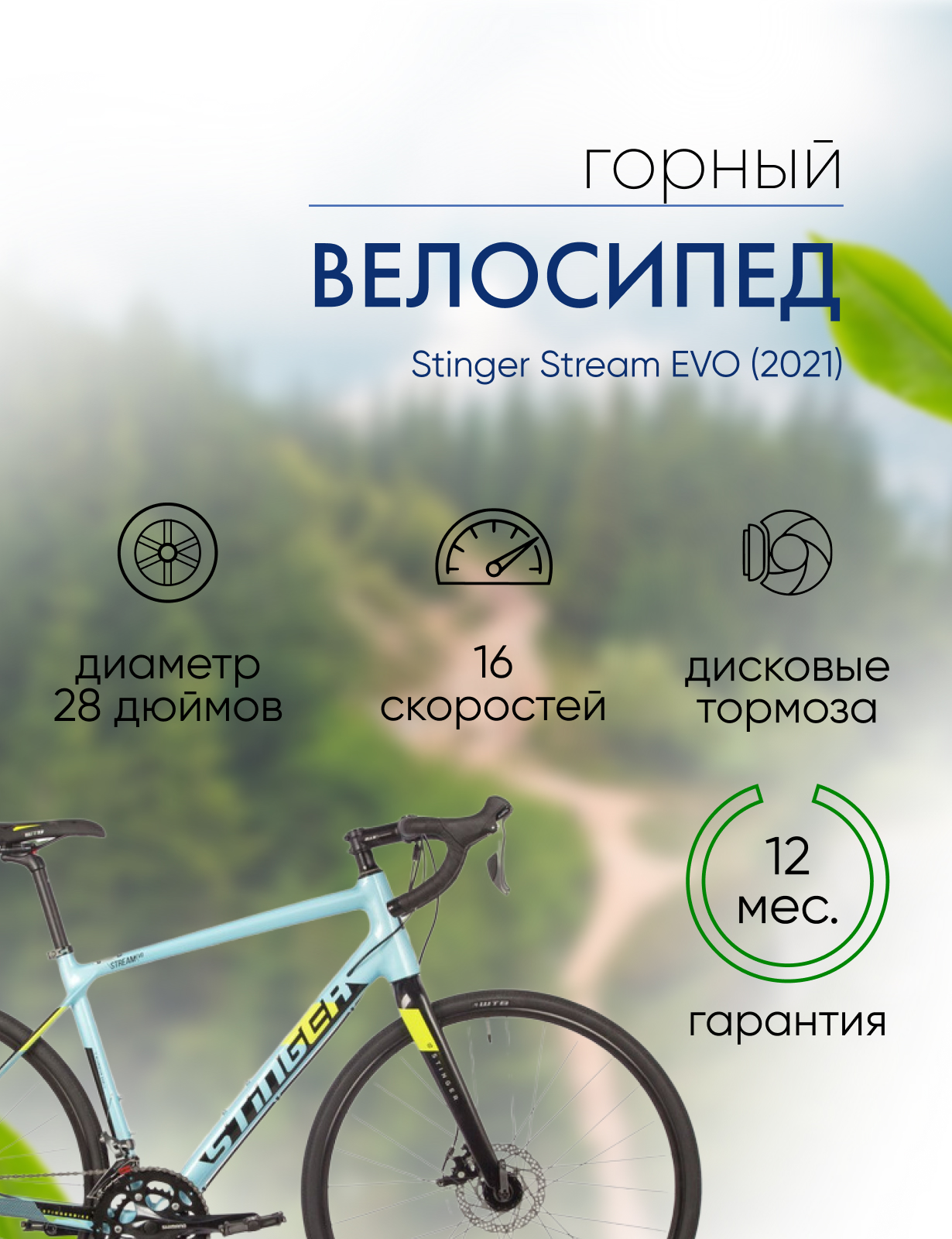 

Шоссейный велосипед Stinger Stream EVO, год 2021, цвет Синий, ростовка, Stream EVO, год 2021, цвет Синий, ростовка 19.5